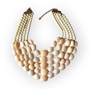 You & I massive neutral tone multi-strand bib necklace - shell pink/white/tan